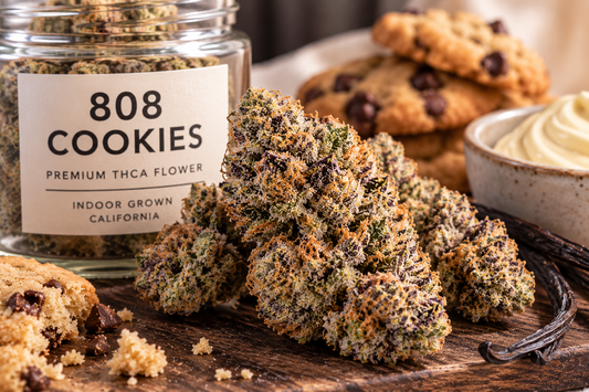 808 Cookies THCA flower with dense frosty buds, chocolate chip cookies, vanilla cream, and a warm bakery-inspired setting.