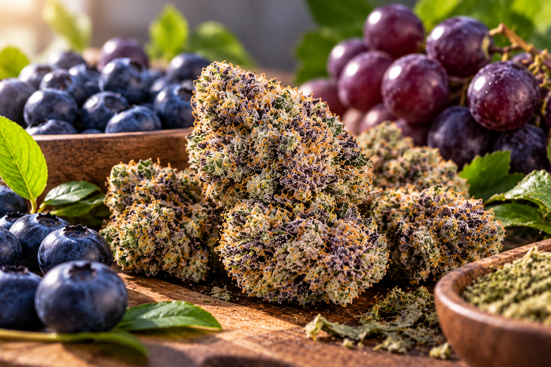 Blueberry Z THCA flower with dense frosty green buds, purple-blue undertones, fresh blueberries, grapes, and green leaves in a premium indoor-grown setting.