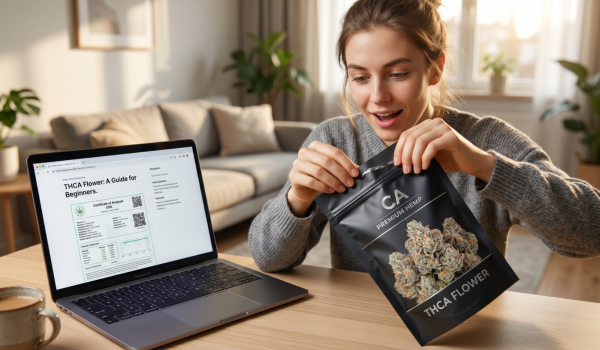 A young adult sits at a wooden table, smiling with excitement as they open a premium, black resealable package of "CA Premium Hemp THCA Flower". Next to them, an open laptop displays a beginner's guide website and a Certificate of Analysis (COA) document.