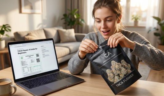 A young adult sits at a wooden table, smiling with excitement as they open a premium, black resealable package of "CA Premium Hemp THCA Flower". Next to them, an open laptop displays a beginner's guide website and a Certificate of Analysis (COA) document.