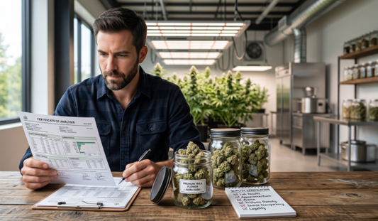 A consumer carefully reviews a lab test report and a quality checklist next to glass jars of premium THCA hemp flower in a modern indoor cultivation facility.