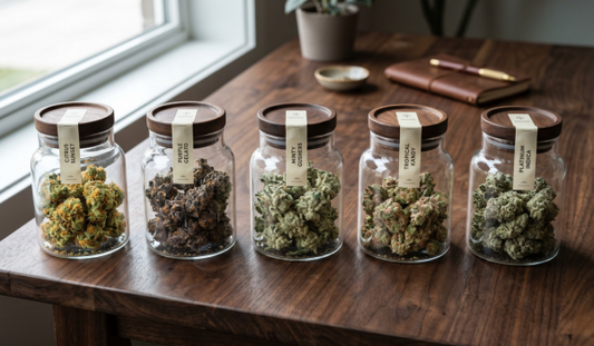 Five premium cannabis strains with distinct green, purple, and frosted buds displayed in elegant glass jars with wooden lids on a dark wood table.