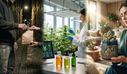 A three-panel image showing the evolution of cannabis: on the left, an illicit dark alley transaction; in the middle, a modern indoor cultivation facility; on the right, a luxurious cannabis lifestyle in a sophisticated home setting.