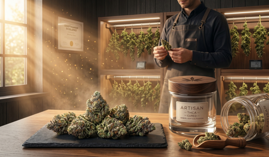 Dense, premium cannabis buds and elegant artisan glass jars displayed on a wooden table in a sunlit, luxury curing facility, with a craftsman inspecting the harvest in the background.