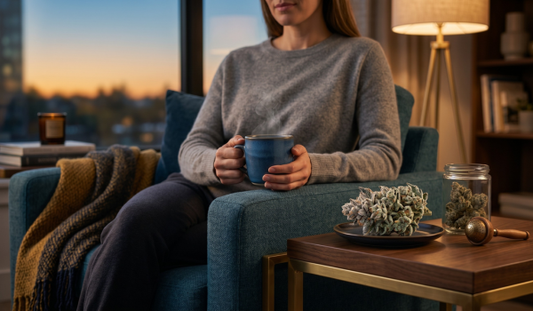 A woman relaxes in a cozy armchair at sunset, holding a steaming mug next to a side table with premium, frosted cannabis buds and a jar.
