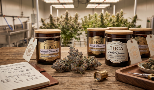 Several glass jars labeled "LIMITED EDITION THCA" sit on a rustic wooden table, alongside loose dried flowers, a notepad, and cultivation tools. The background is an indoor cannabis grow room with plants and lights.