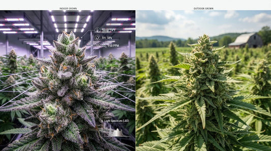 A split-screen photo comparing cannabis cultivation: the left side shows an indoor frosty bud under LED lights with climate data overlays, while the right side shows a natural outdoor plant in a farm field.