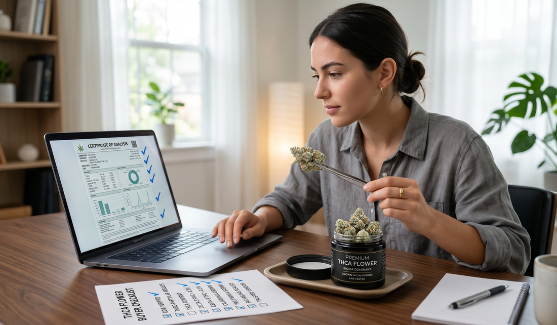A woman at a desk reviews a digital Certificate of Analysis on her laptop while inspecting a premium THCA cannabis bud with tweezers next to a buyer checklist.