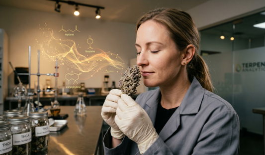 An expert in a laboratory inspecting a dense, frosty THCA flower bud, with visualized golden terpene molecule structures and particles floating into the air as she evaluates its aroma.
