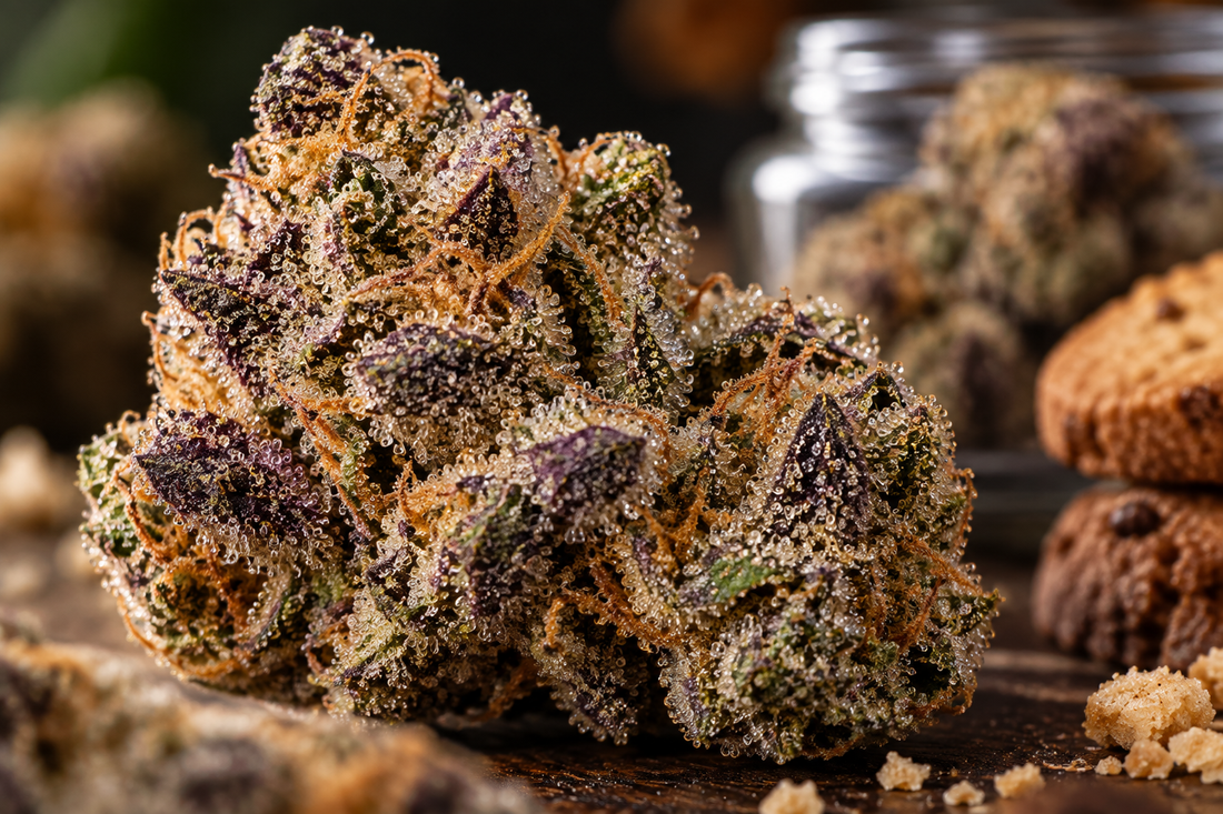 Ultra macro close-up of frosty Biscotti THCA flower with dense trichomes, purple-green buds, and orange pistils.
