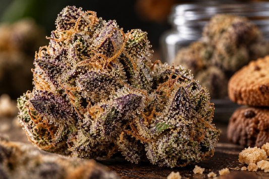 Ultra macro close-up of frosty Biscotti THCA flower with dense trichomes, purple-green buds, and orange pistils.
