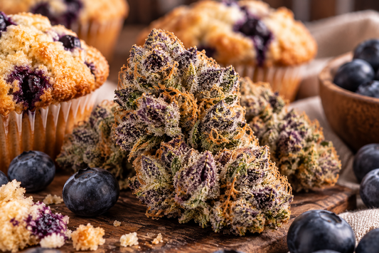 Blueberry Muffin THCA flower with dense trichomes, purple-green buds, and a warm bakery-inspired visual representing its blueberry, vanilla, and cookie aroma profile.