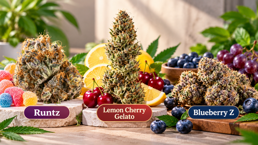 Fruit-forward THCA flower featuring blueberry, grape, lemon, cherry, and candy-inspired aromas with frosty cannabis buds.