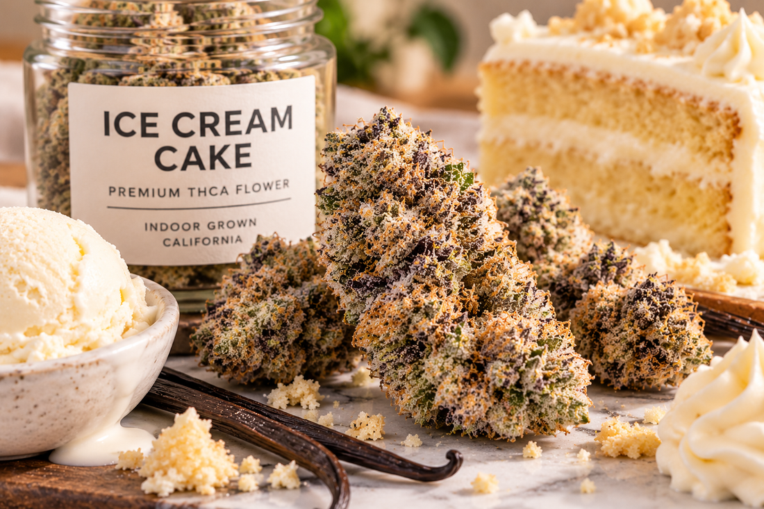 Ice Cream Cake THCA flower with frosty dense buds, vanilla ice cream, creamy cake, whipped cream, and vanilla beans representing its rich dessert aroma.