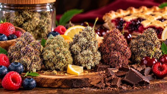 Miiintz CBD flower buds with colorful frosty trichomes, fresh berries, and dessert-inspired elements representing different CBD flower aroma profiles.