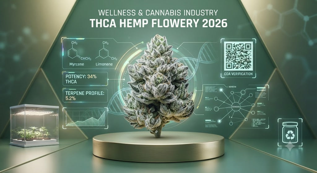 Futuristic cannabis industry infographic featuring a premium THCA hemp flower with terpene molecules, DNA graphics, indoor cultivation, COA verification, and wellness technology representing 2026 cannabis trends.