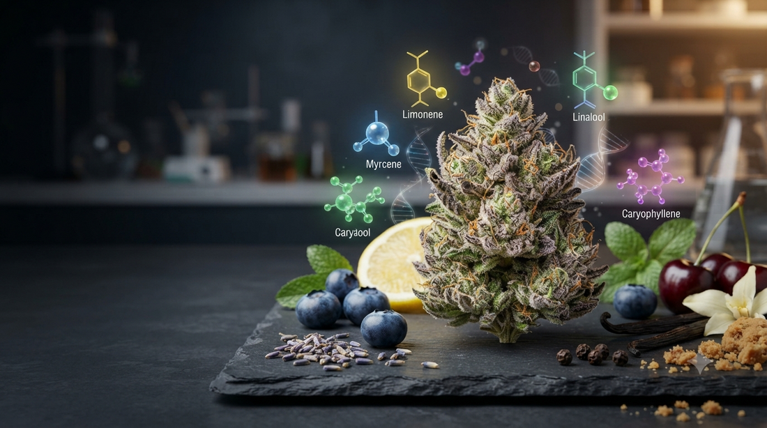 THCA hemp flower surrounded by fruits, spices, and floating 3D terpene molecular graphics in a modern laboratory setting.