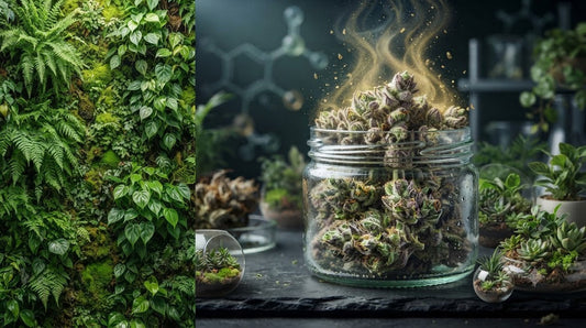 a lush vertical plant wall on the left, and a dark, sophisticated botanical lab with a glowing vapor-filled cannabis jar on the right.
